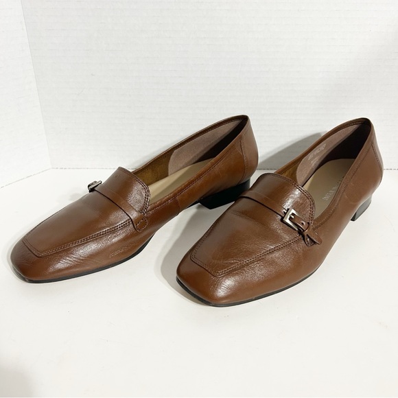 Enzo Angiolini Bernell Squared Toed Smooth Leather Loafers Flats Strap Buckle 🤎 - Picture 1 of 13